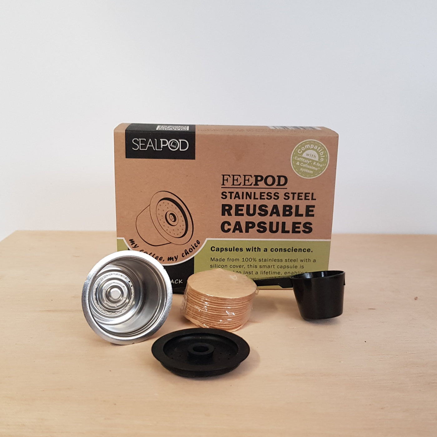 Feepod Reuseable Coffee Pod pack with 1 Stainless Steel Reusable Capsule 1 Silicone Cover 1 Scoop 100 Paper Filters (4156360491059)